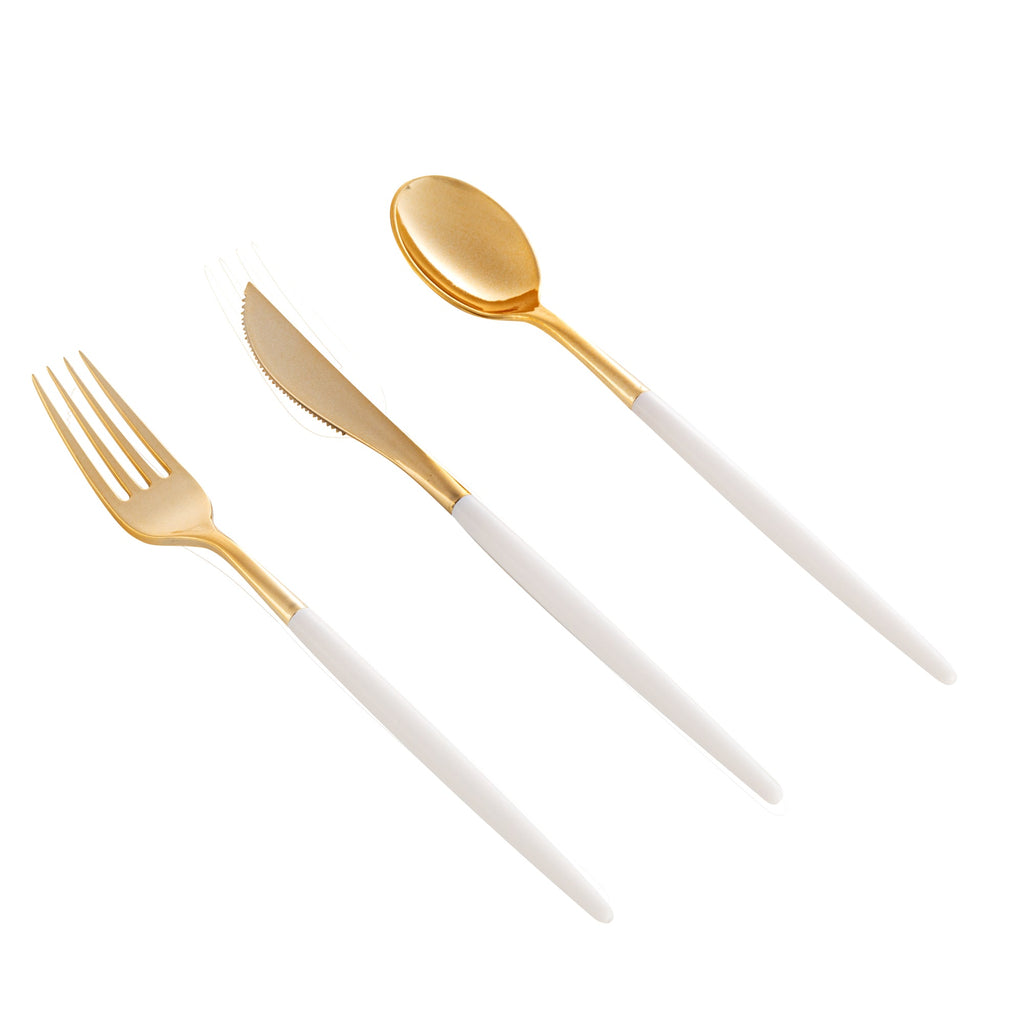 Moderna Gold Plastic Cutlery Set - with White Handle - 7 1/2" - 60 count box