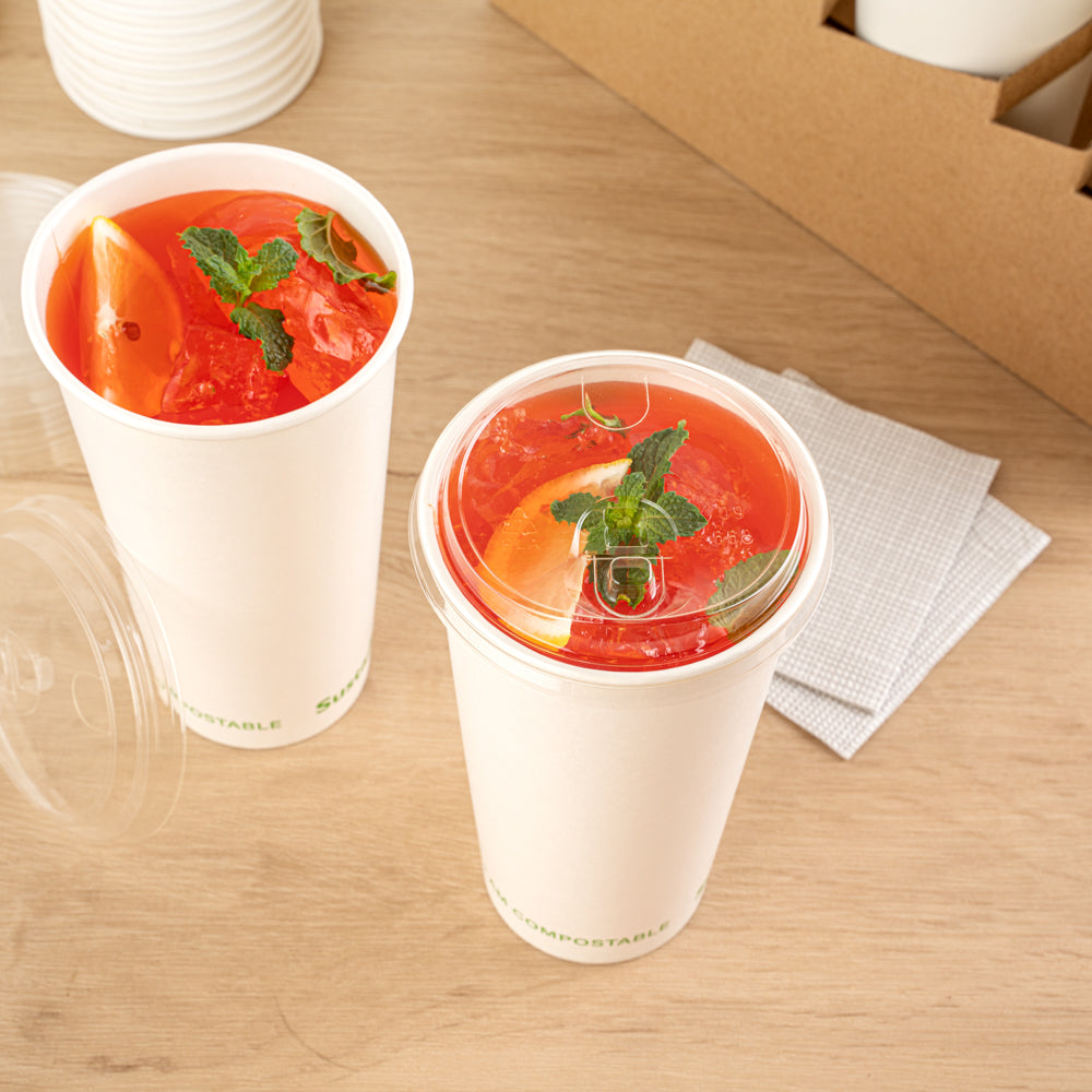 Sustain Clear PLA Plastic Straw or Sip Cold Cup Lid - Fits 9, 12, 16, 20 and 22 oz, Compostable - 50 count box