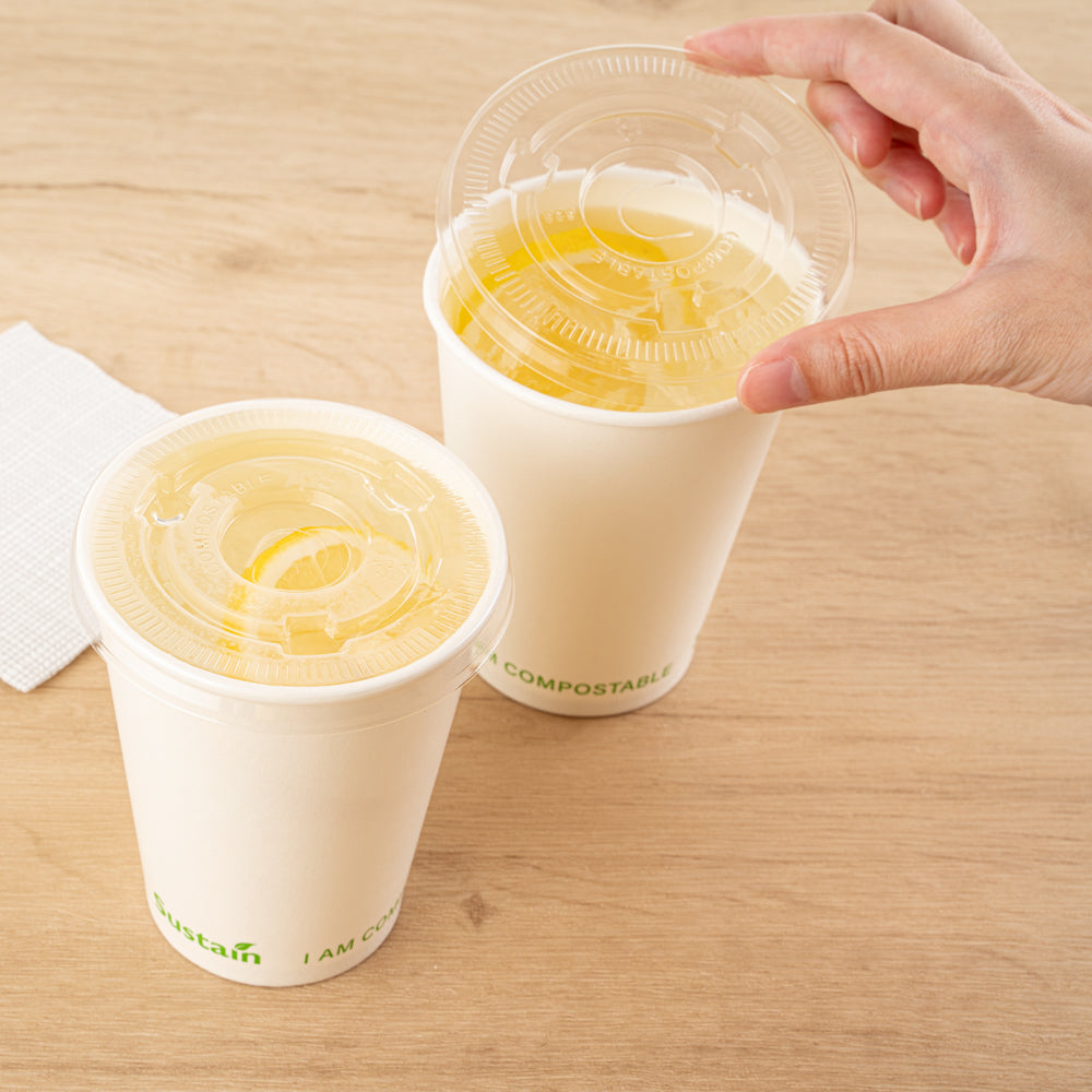 Sustain Clear PLA Plastic Cold Cup Flat Lid - Fits 9, 12, 16, 20 and 22 oz, Compostable - 1000 count box