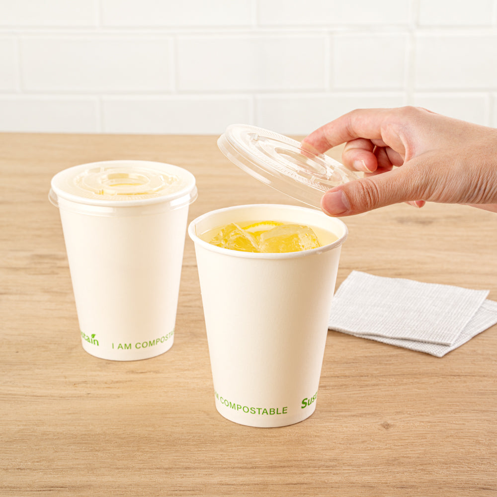 Sustain Clear PLA Plastic Cold Cup Flat Lid - Fits 9, 12, 16, 20 and 22 oz, Compostable - 1000 count box