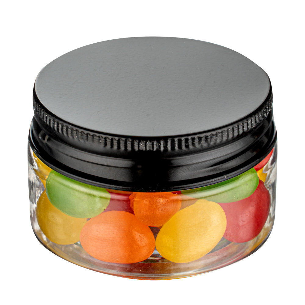 Chef 101 1 oz Round Clear Plastic Candy and Snack Jar - with Black Aluminum Lid - 2" x 2" x 1 1/4" - 10 count box