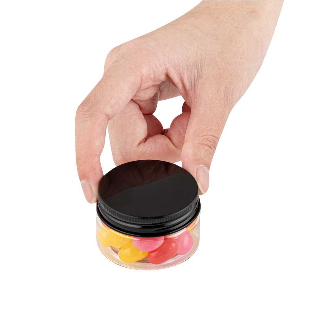 Chef 101 1 oz Round Clear Plastic Candy and Snack Jar - with Black Aluminum Lid - 2" x 2" x 1 1/4" - 100 count box