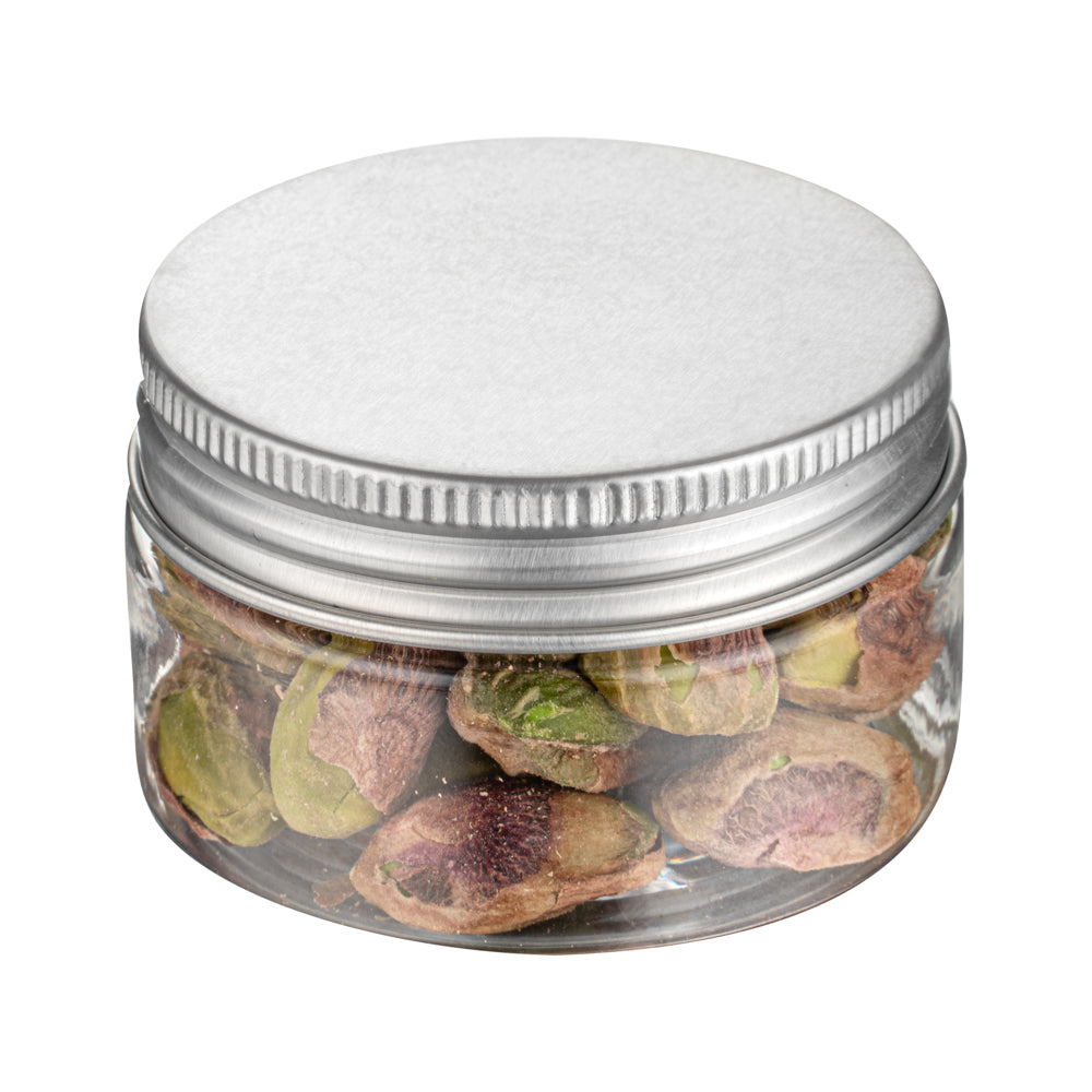 Chef 101 1 oz Round Clear Plastic Candy and Snack Jar - with Silver Aluminum Lid - 2" x 2" x 1 1/4" - 10 count box