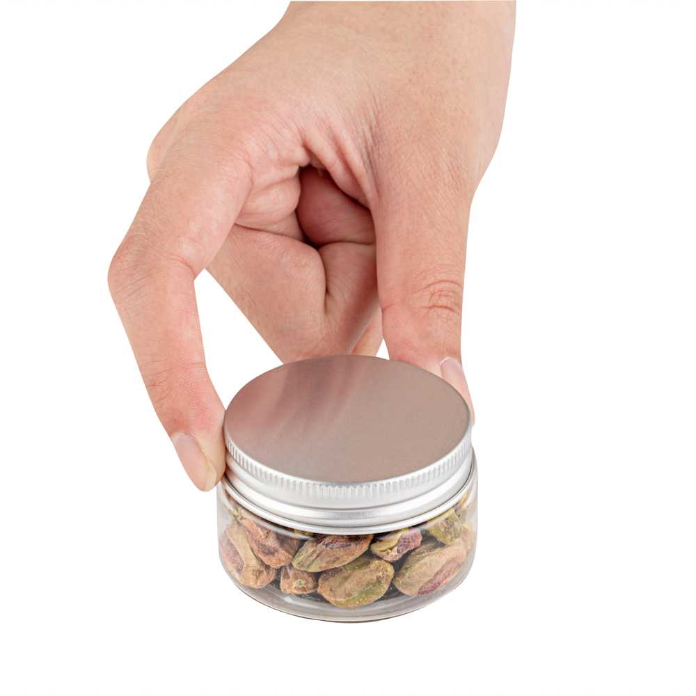 Chef 101 1 oz Round Clear Plastic Candy and Snack Jar - with Silver Aluminum Lid - 2" x 2" x 1 1/4" - 100 count box