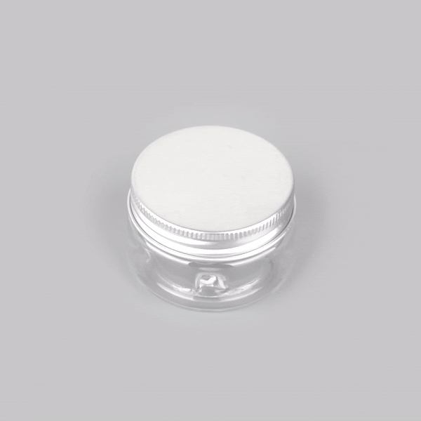 Chef 101 1 oz Round Clear Plastic Candy and Snack Jar - with Silver Aluminum Lid - 2" x 2" x 1 1/4" - 100 count box
