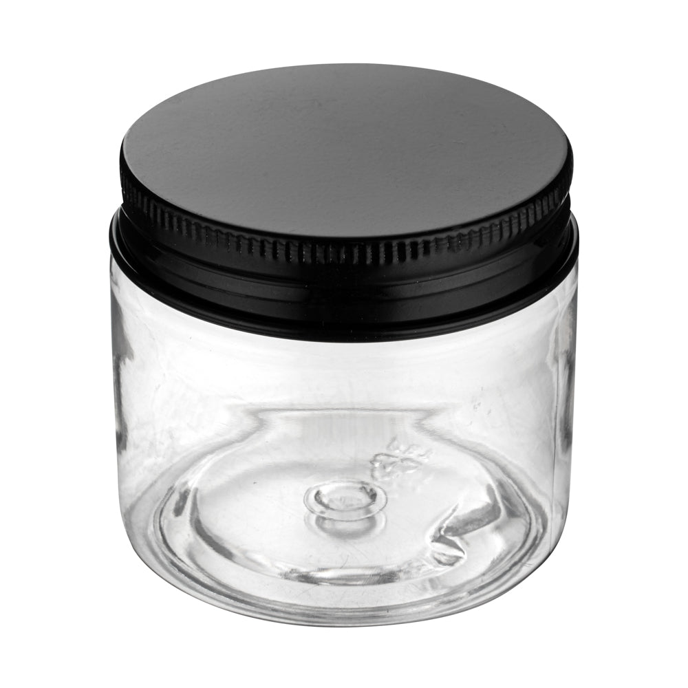 Chef 101 2 oz Round Clear Plastic Candy and Snack Jar - with Black Aluminum Lid - 2" x 2" x 1 3/4" - 10 count box