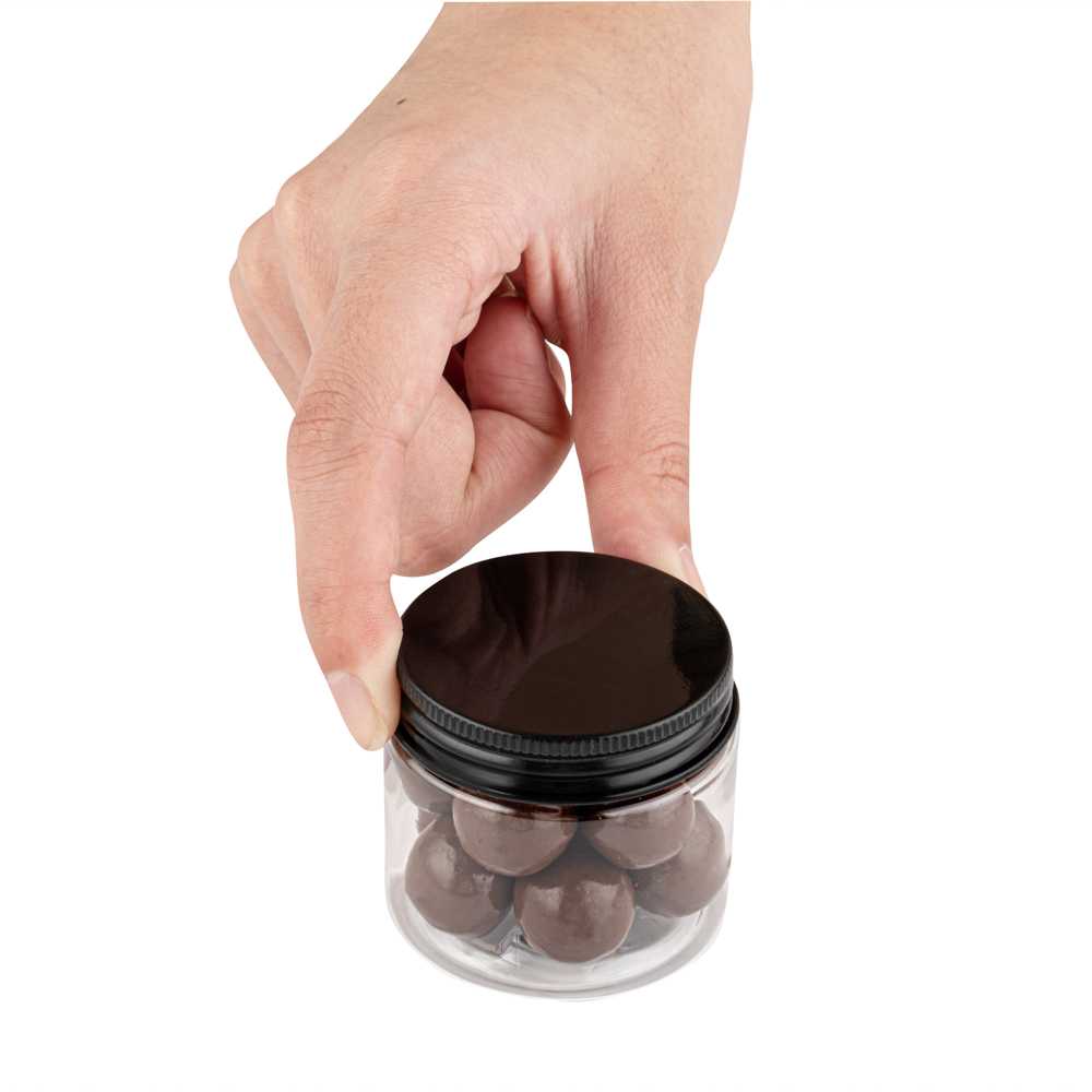 Chef 101 2 oz Round Clear Plastic Candy and Snack Jar - with Black Aluminum Lid - 2" x 2" x 1 3/4" - 100 count box