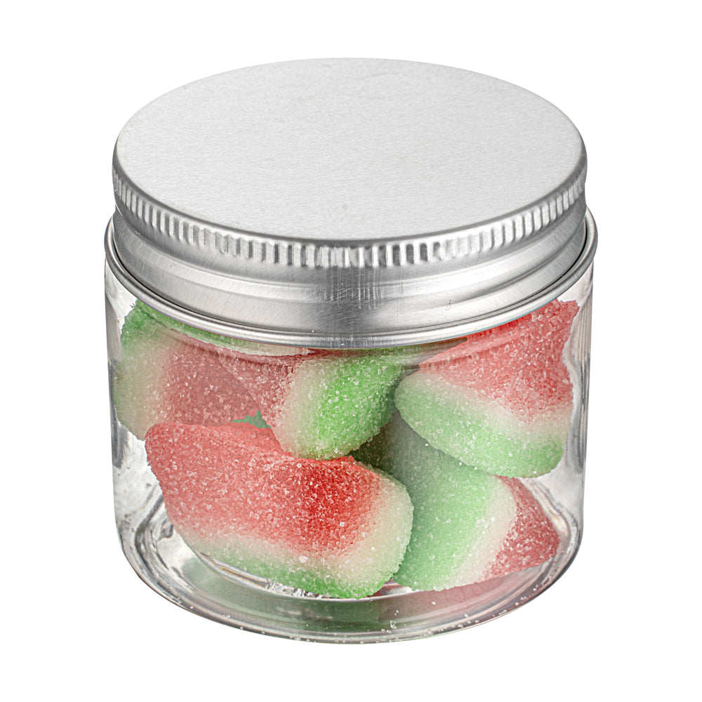 Chef 101 2 oz Round Clear Plastic Candy and Snack Jar - with Silver Aluminum Lid - 2" x 2" x 1 3/4" - 10 count box