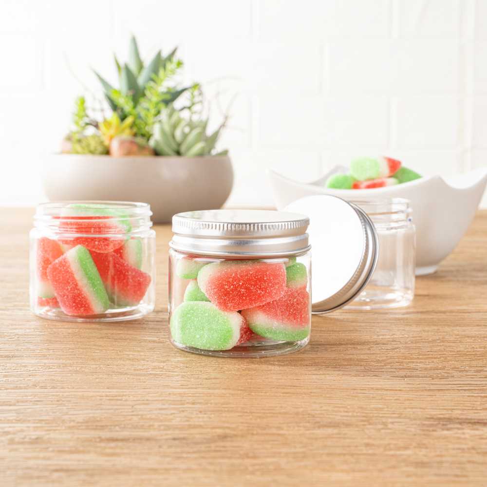 Chef 101 2 oz Round Clear Plastic Candy and Snack Jar - with Silver Aluminum Lid - 2" x 2" x 1 3/4" - 100 count box