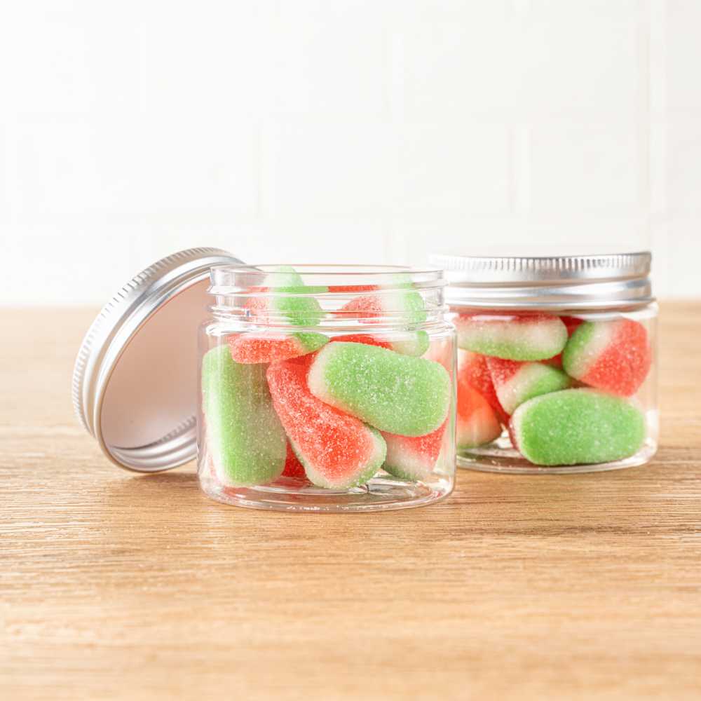 Chef 101 2 oz Round Clear Plastic Candy and Snack Jar - with Silver Aluminum Lid - 2" x 2" x 1 3/4" - 100 count box
