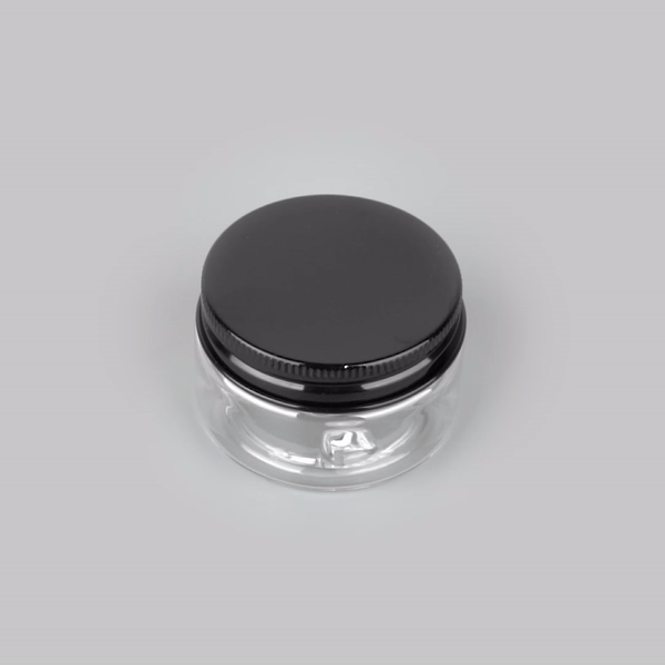 Chef 101 4 oz Round Clear Plastic Candy and Snack Jar - with Black Aluminum Lid - 2 3/4" x 2 3/4" x 1 1/2" - 10 count box