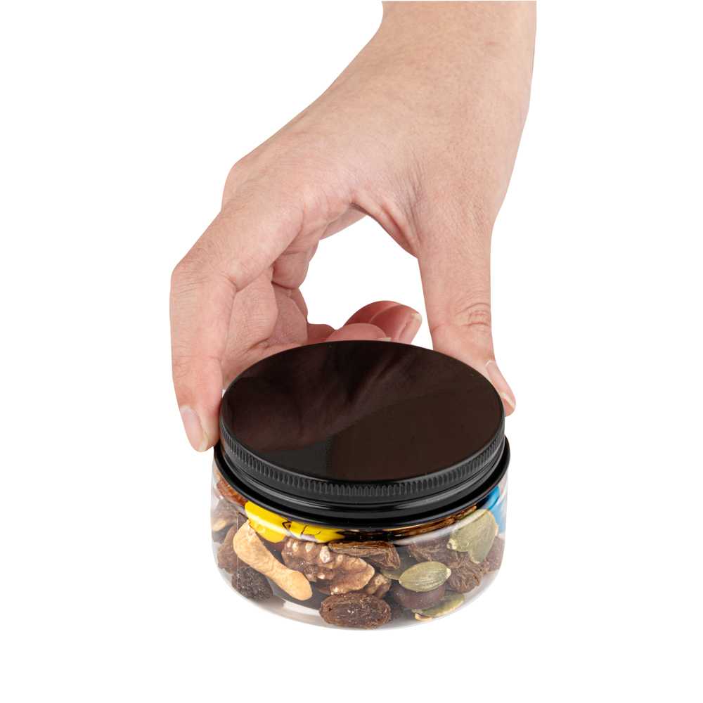 Chef 101 4 oz Round Clear Plastic Candy and Snack Jar - with Black Aluminum Lid - 2 3/4" x 2 3/4" x 1 1/2" - 100 count box