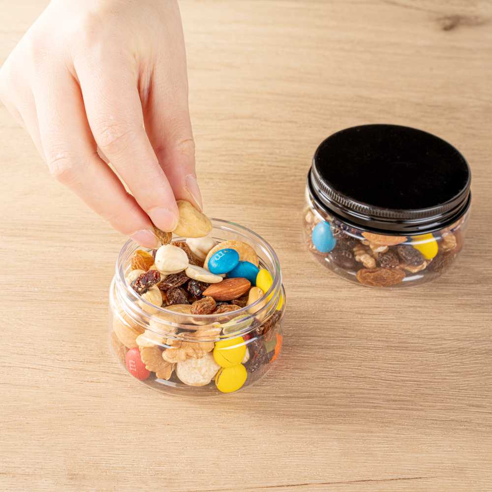 Chef 101 4 oz Round Clear Plastic Candy and Snack Jar - with Black Aluminum Lid - 2 3/4" x 2 3/4" x 1 1/2" - 100 count box