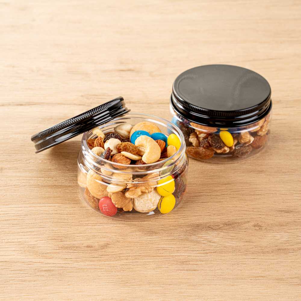 Chef 101 4 oz Round Clear Plastic Candy and Snack Jar - with Black Aluminum Lid - 2 3/4" x 2 3/4" x 1 1/2" - 100 count box