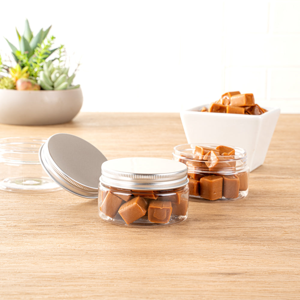 Chef 101 4 oz Round Clear Plastic Candy and Snack Jar - with Silver Aluminum Lid - 2 3/4" x 2 3/4" x 1 1/2" - 10 count box