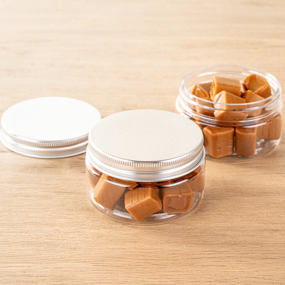 Chef 101 4 oz Round Clear Plastic Candy and Snack Jar - with Silver Aluminum Lid - 2 3/4" x 2 3/4" x 1 1/2" - 10 count box