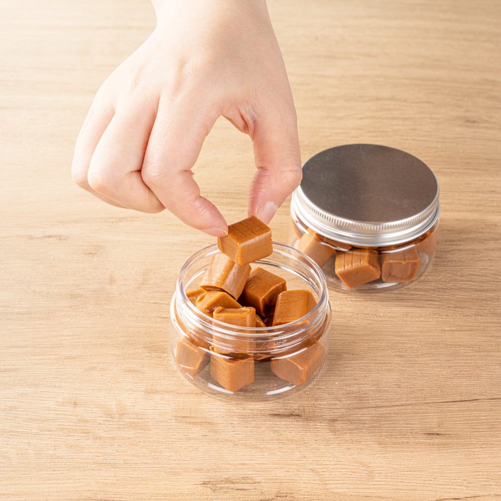 Chef 101 4 oz Round Clear Plastic Candy and Snack Jar - with Silver Aluminum Lid - 2 3/4" x 2 3/4" x 1 1/2" - 10 count box