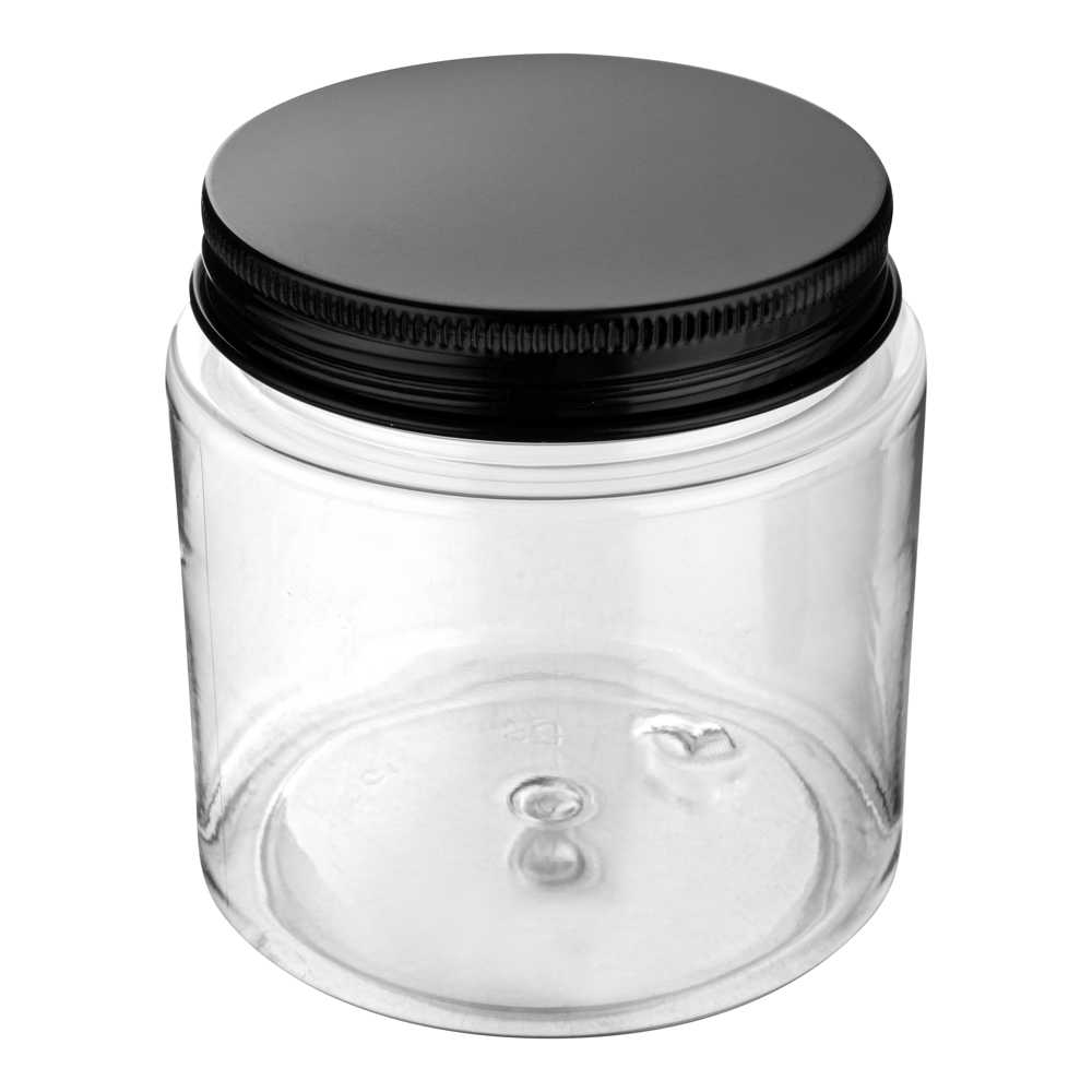 Chef 101 8 oz Round Clear Plastic Candy and Snack Jar - with Black Aluminum Lid - 3" x 3" x 3" - 100 count box