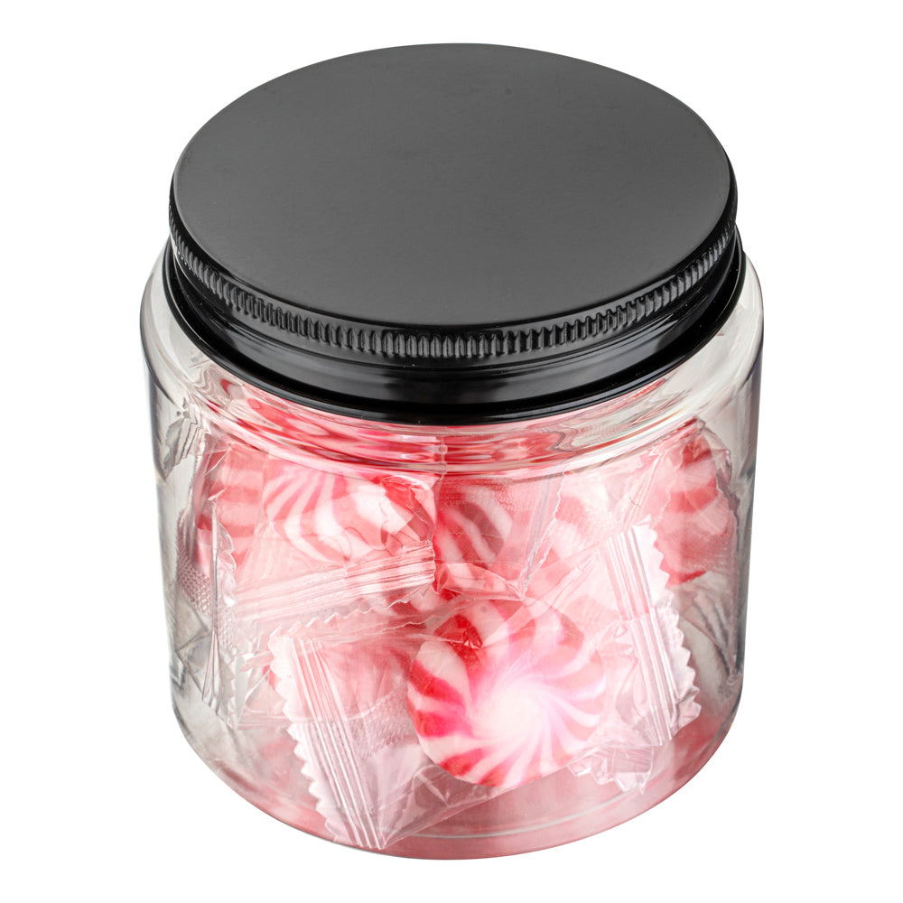 Chef 101 8 oz Round Clear Plastic Candy and Snack Jar - with Black Aluminum Lid - 3" x 3" x 3" - 10 count box