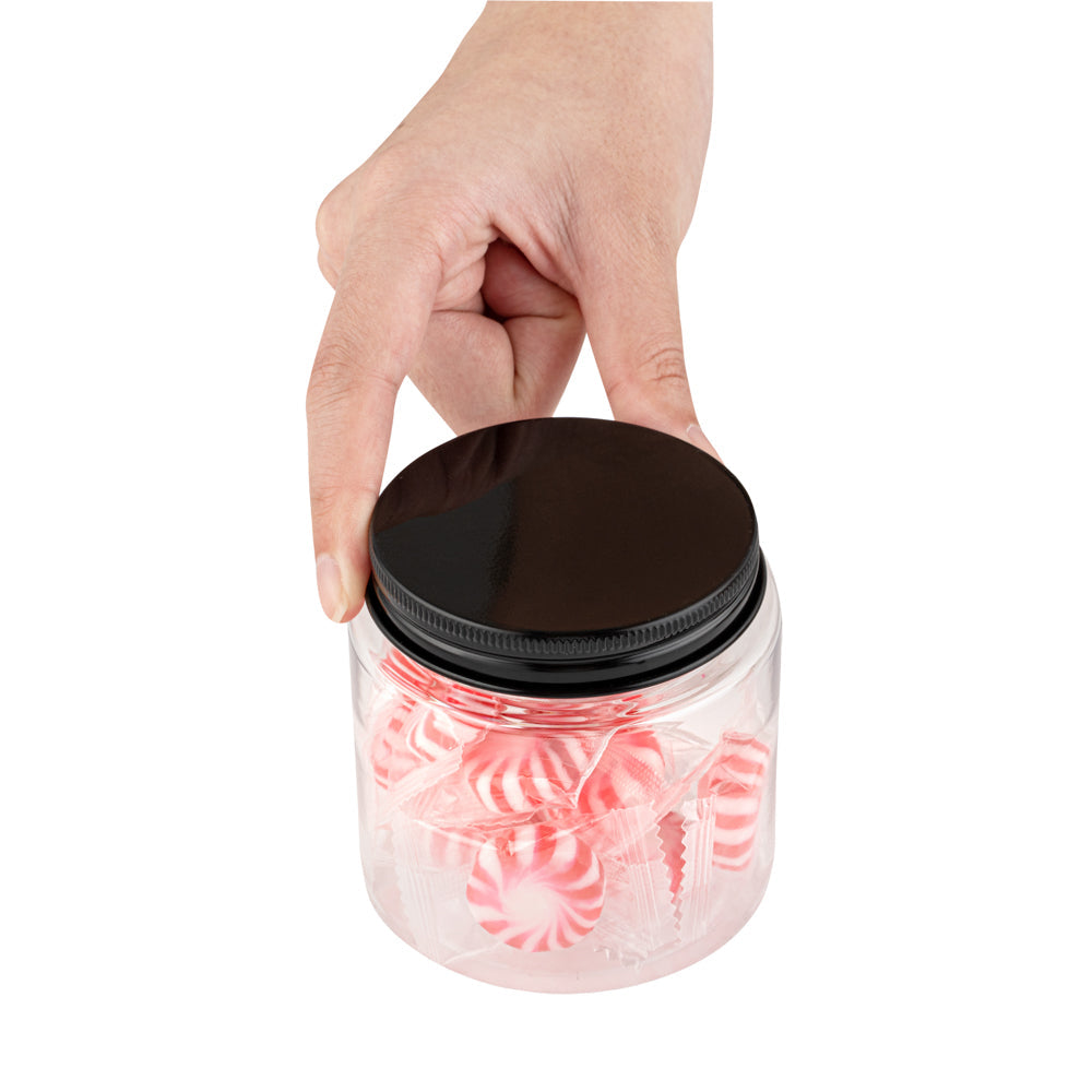 Chef 101 8 oz Round Clear Plastic Candy and Snack Jar - with Black Aluminum Lid - 3" x 3" x 3" - 10 count box