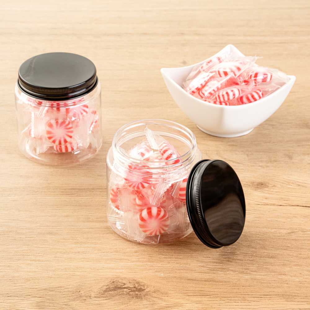 Chef 101 8 oz Round Clear Plastic Candy and Snack Jar - with Black Aluminum Lid - 3" x 3" x 3" - 100 count box