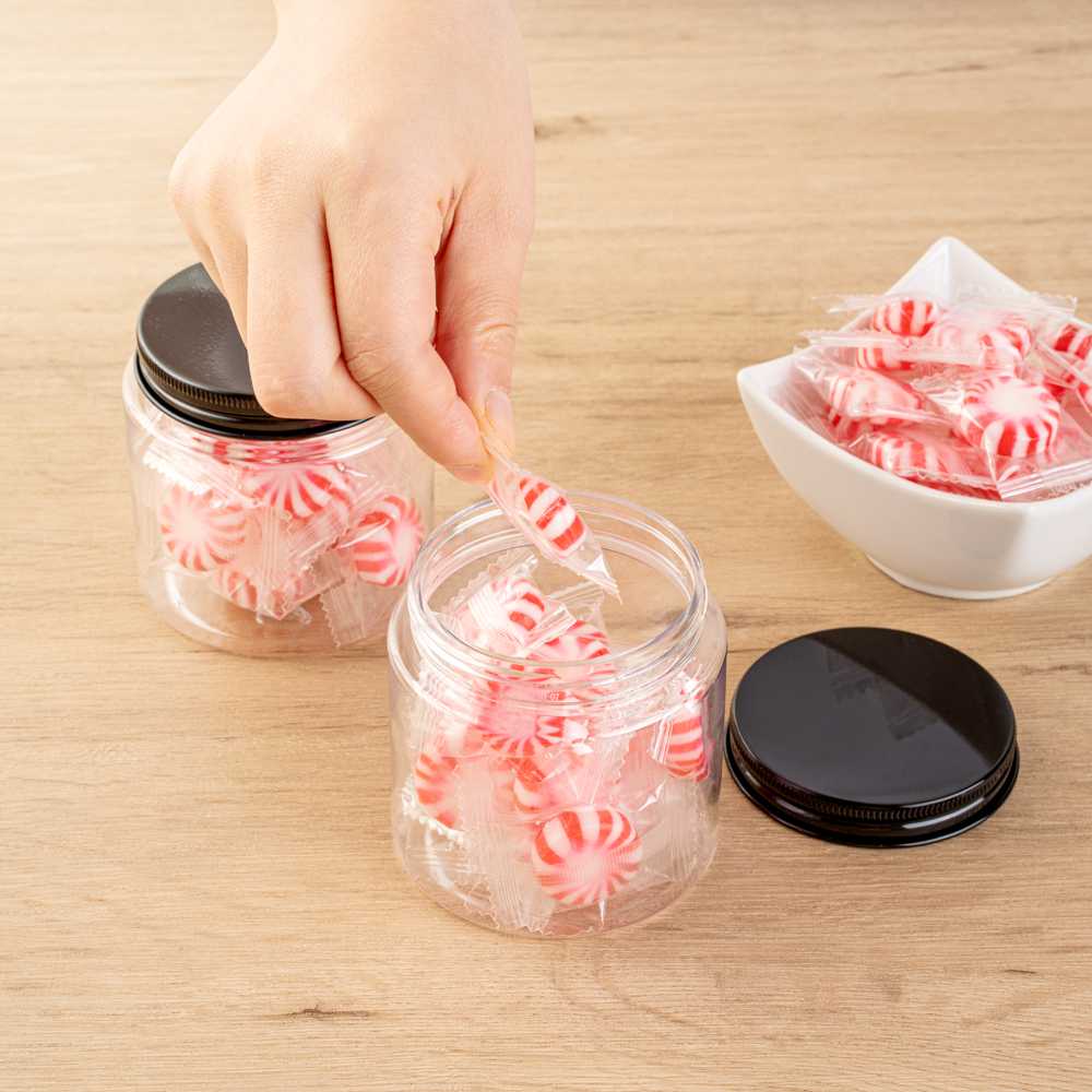 Chef 101 8 oz Round Clear Plastic Candy and Snack Jar - with Black Aluminum Lid - 3" x 3" x 3" - 100 count box