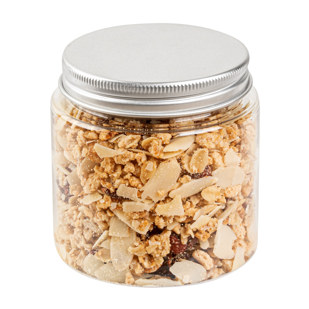 Chef 101 8 oz Round Clear Plastic Candy and Snack Jar - with Silver Aluminum Lid - 3" x 3" x 3" - 10 count box