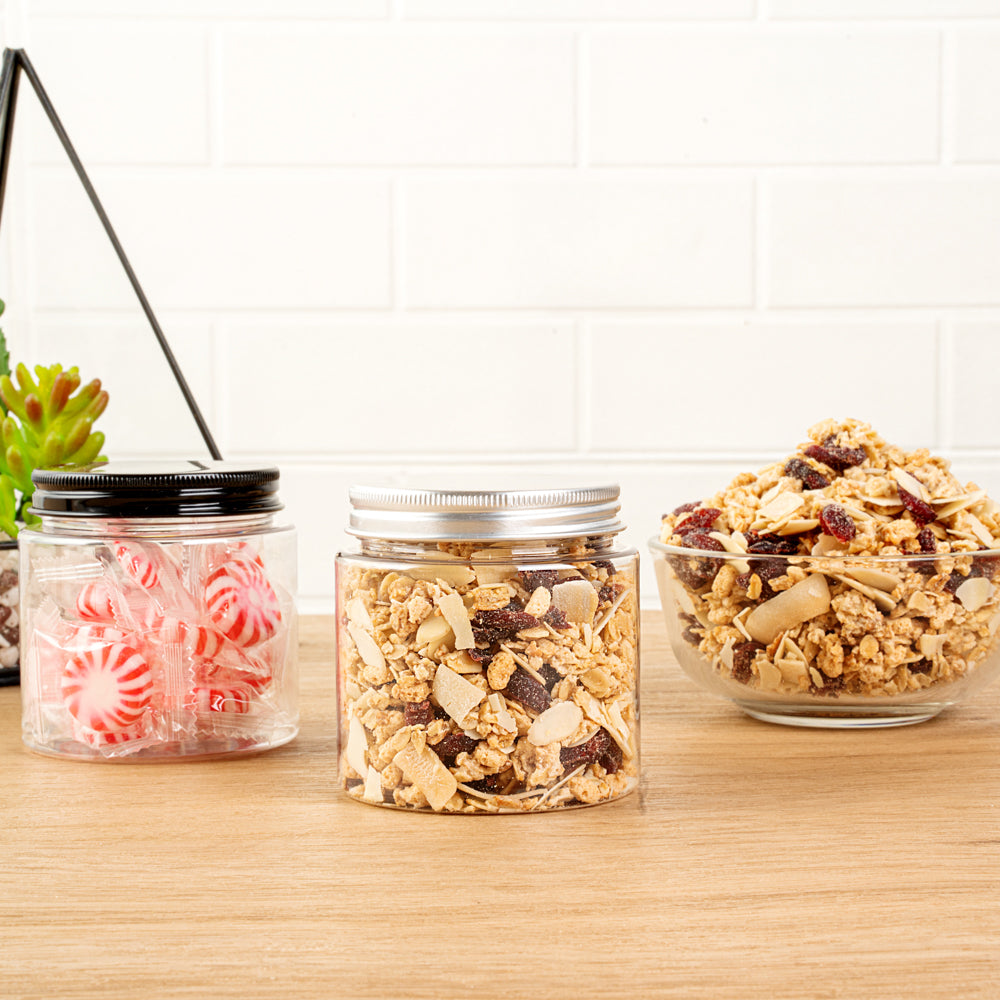 Chef 101 8 oz Round Clear Plastic Candy and Snack Jar - with Silver Aluminum Lid - 3" x 3" x 3" - 10 count box
