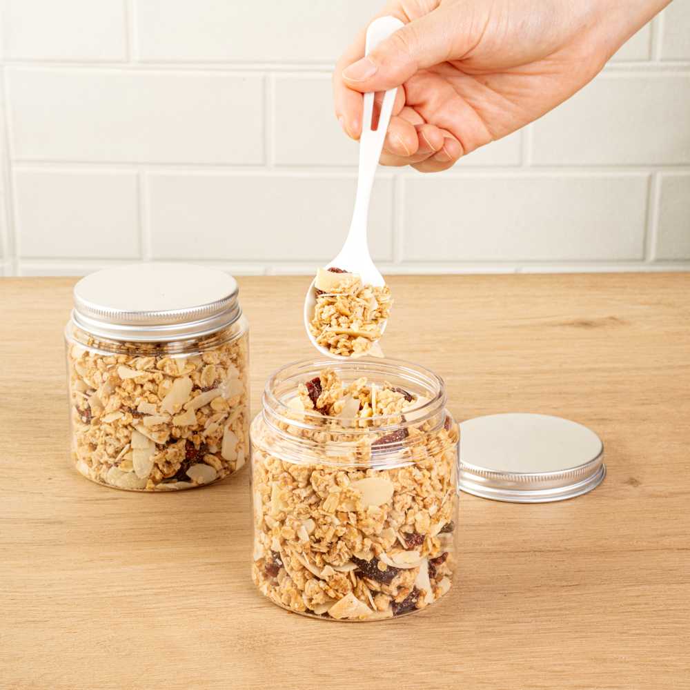 Chef 101 8 oz Round Clear Plastic Candy and Snack Jar - with Silver Aluminum Lid - 3" x 3" x 3" - 100 count box