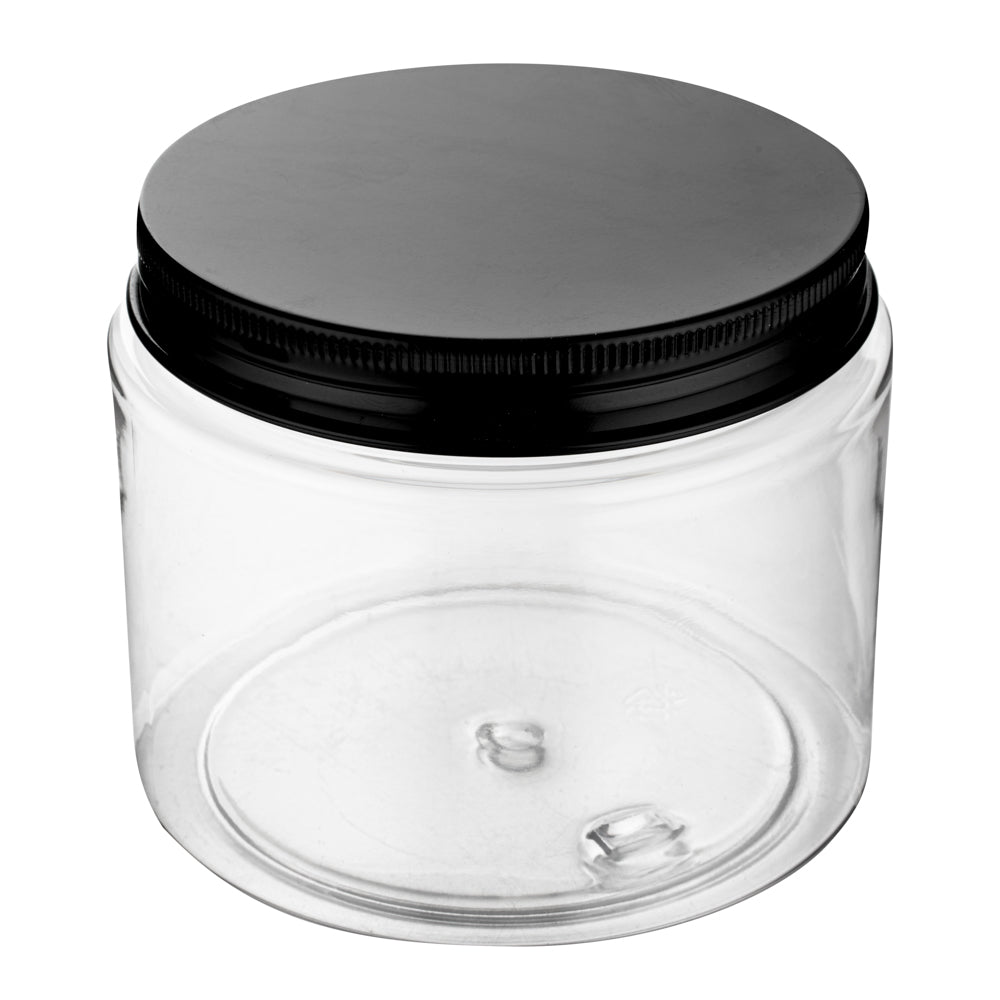 Chef 101 16 oz Round Clear Plastic Candy and Snack Jar - with Black Aluminum Lid - 3 3/4" x 3 3/4" x 3" - 10 count box