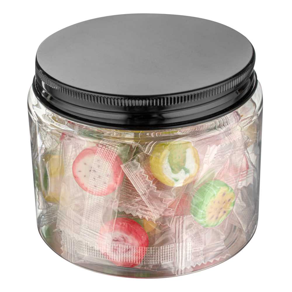 Chef 101 16 oz Round Clear Plastic Candy and Snack Jar - with Black Aluminum Lid - 3 3/4" x 3 3/4" x 3" - 100 count box