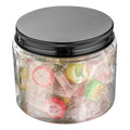 Chef 101 16 oz Round Clear Plastic Candy and Snack Jar - with Black Aluminum Lid - 3 3/4" x 3 3/4" x 3" - 100 count box