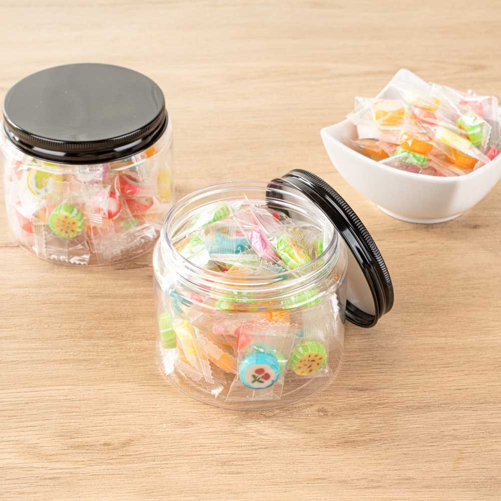 Chef 101 16 oz Round Clear Plastic Candy and Snack Jar - with Black Aluminum Lid - 3 3/4" x 3 3/4" x 3" - 100 count box