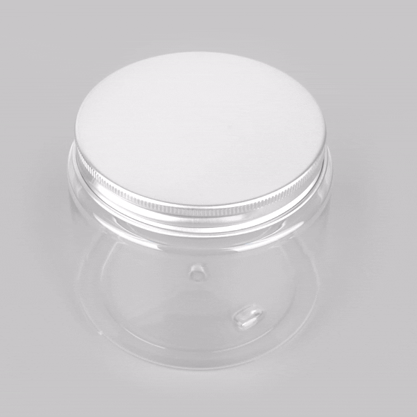 Chef 101 16 oz Round Clear Plastic Candy and Snack Jar - with Silver Aluminum Lid - 3 3/4" x 3 3/4" x 3" - 10 count box