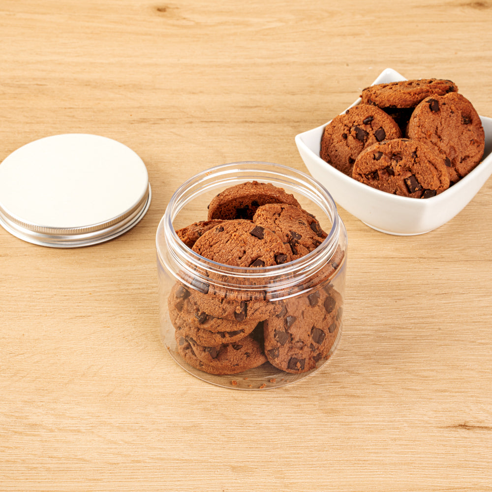 Chef 101 16 oz Round Clear Plastic Candy and Snack Jar - with Silver Aluminum Lid - 3 3/4" x 3 3/4" x 3" - 10 count box