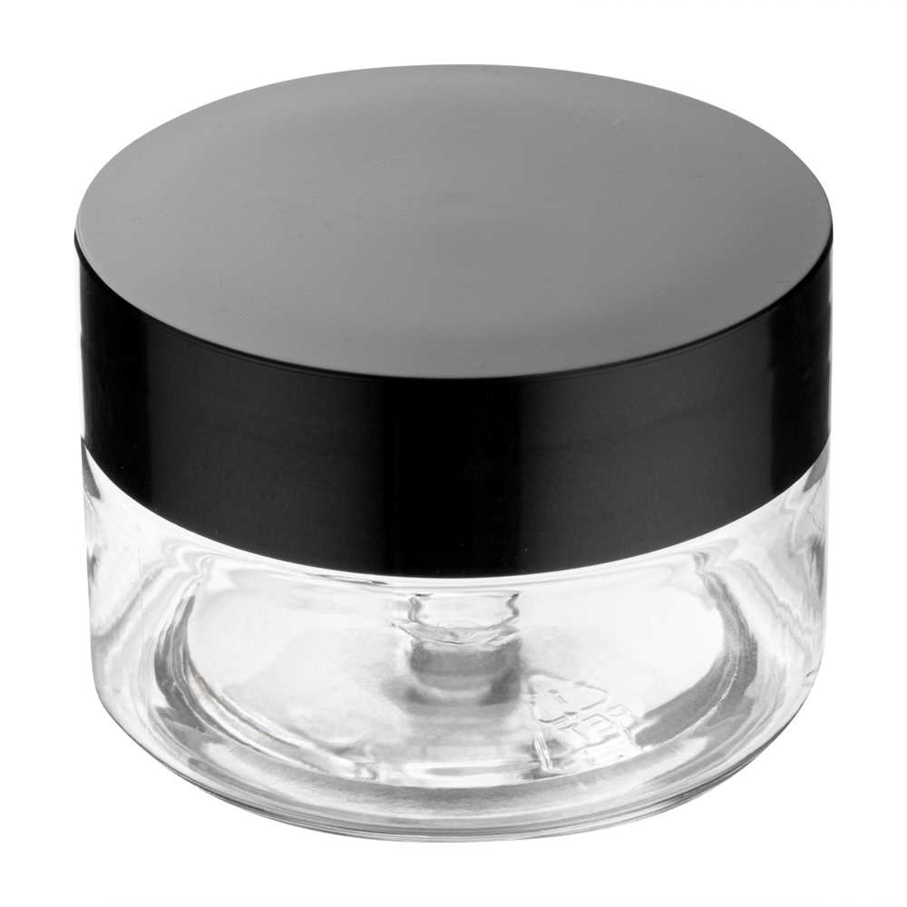 Chef 101 1 oz Round Clear Plastic Candy and Snack Jar - with Black Plastic Lid - 2" x 2" x 1 1/4" - 100 count box