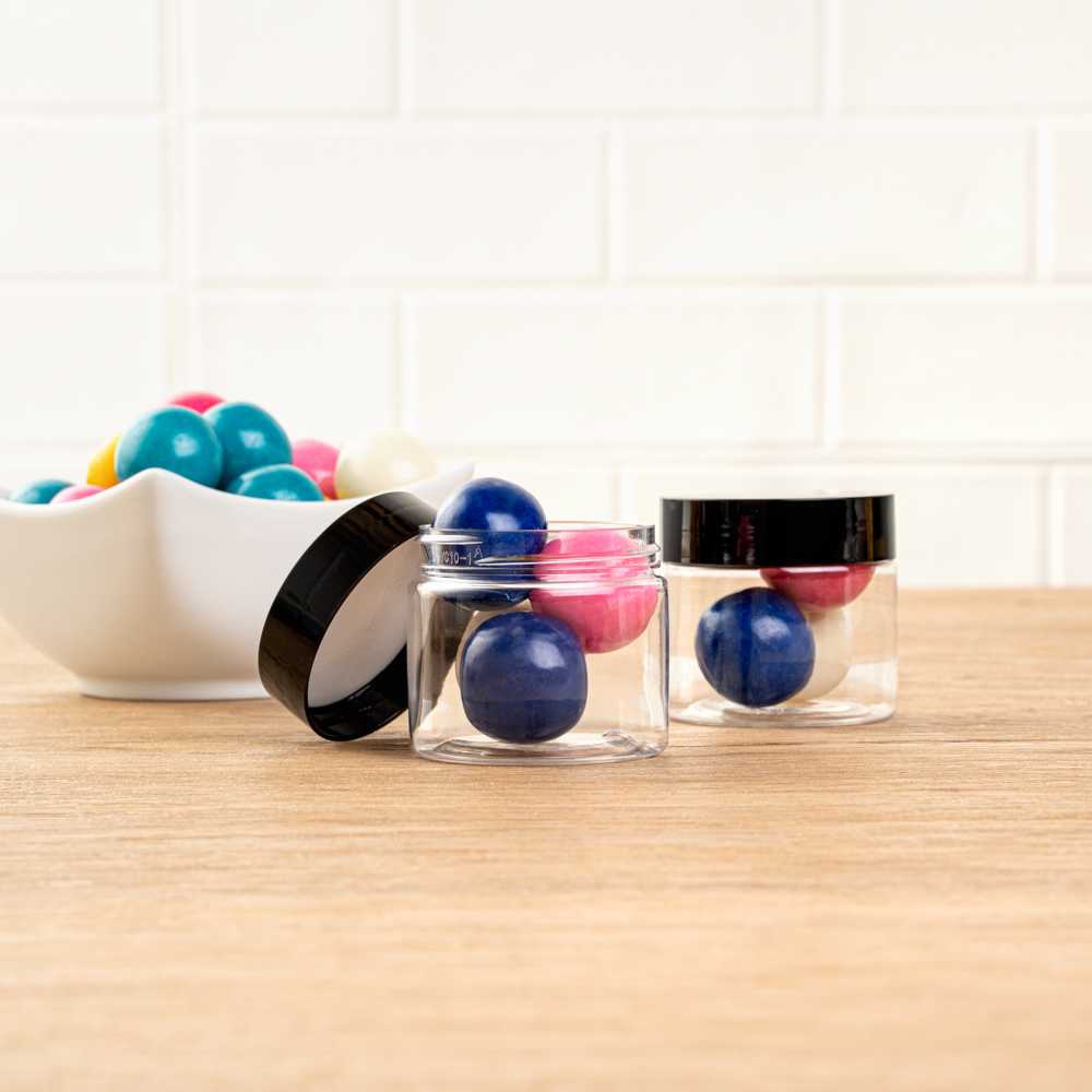 Chef 101 2 oz Round Clear Plastic Candy and Snack Jar - with Black Plastic Lid - 2" x 2" x 1 3/4" - 100 count box