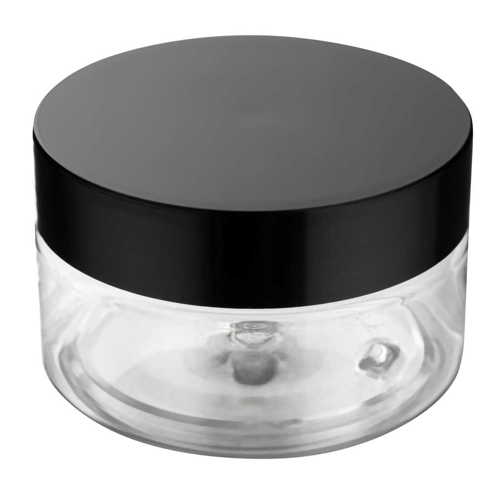 Chef 101 4 oz Round Clear Plastic Candy and Snack Jar - with Black Plastic Lid - 2 3/4" x 2 3/4" x 1 1/2" - 100 count box