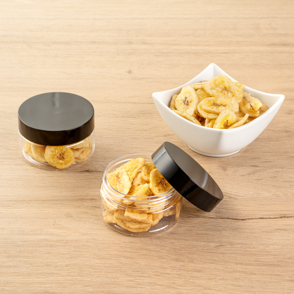 Chef 101 4 oz Round Clear Plastic Candy and Snack Jar - with Black Plastic Lid - 2 3/4" x 2 3/4" x 1 1/2" - 10 count box