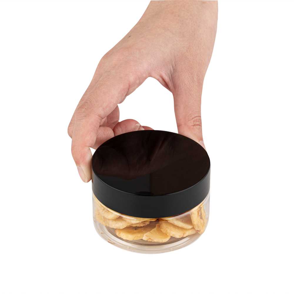 Chef 101 4 oz Round Clear Plastic Candy and Snack Jar - with Black Plastic Lid - 2 3/4" x 2 3/4" x 1 1/2" - 100 count box