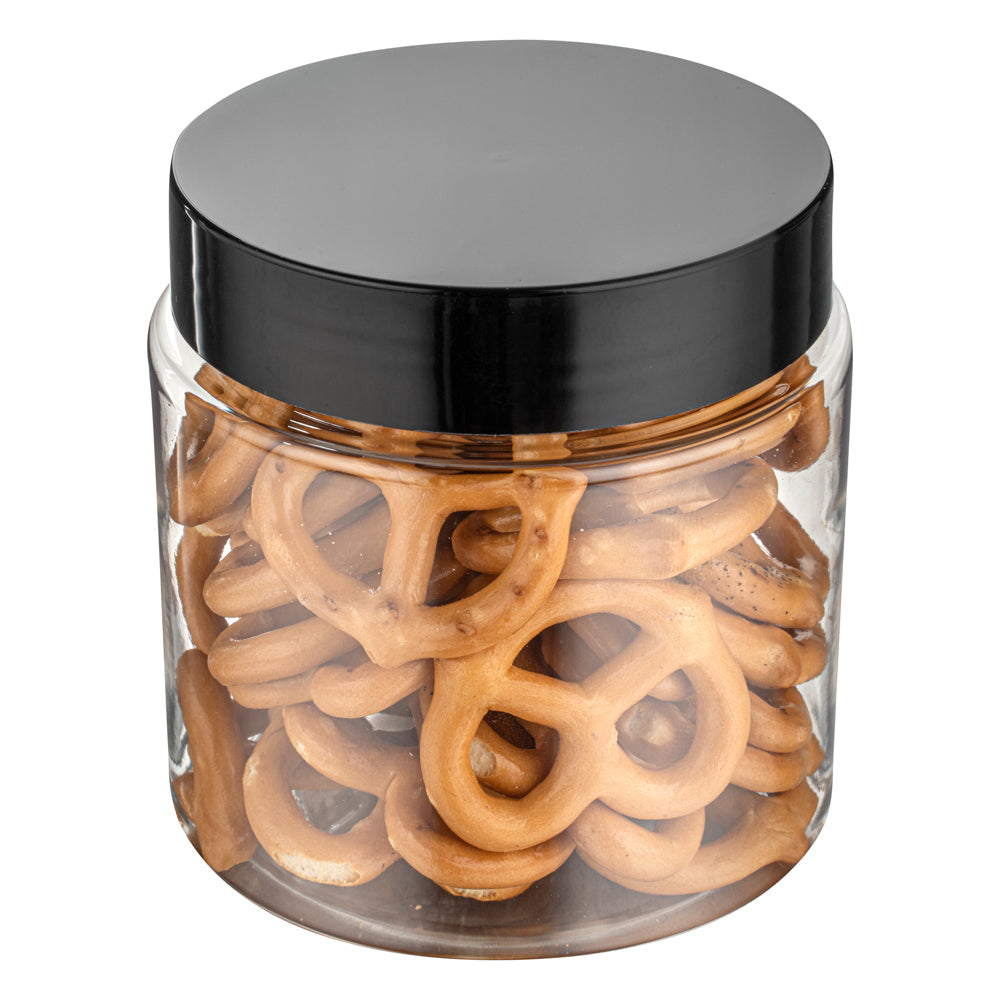 Chef 101 8 oz Round Clear Plastic Candy and Snack Jar - with Black Plastic Lid - 3" x 3" x 3" - 10 count box