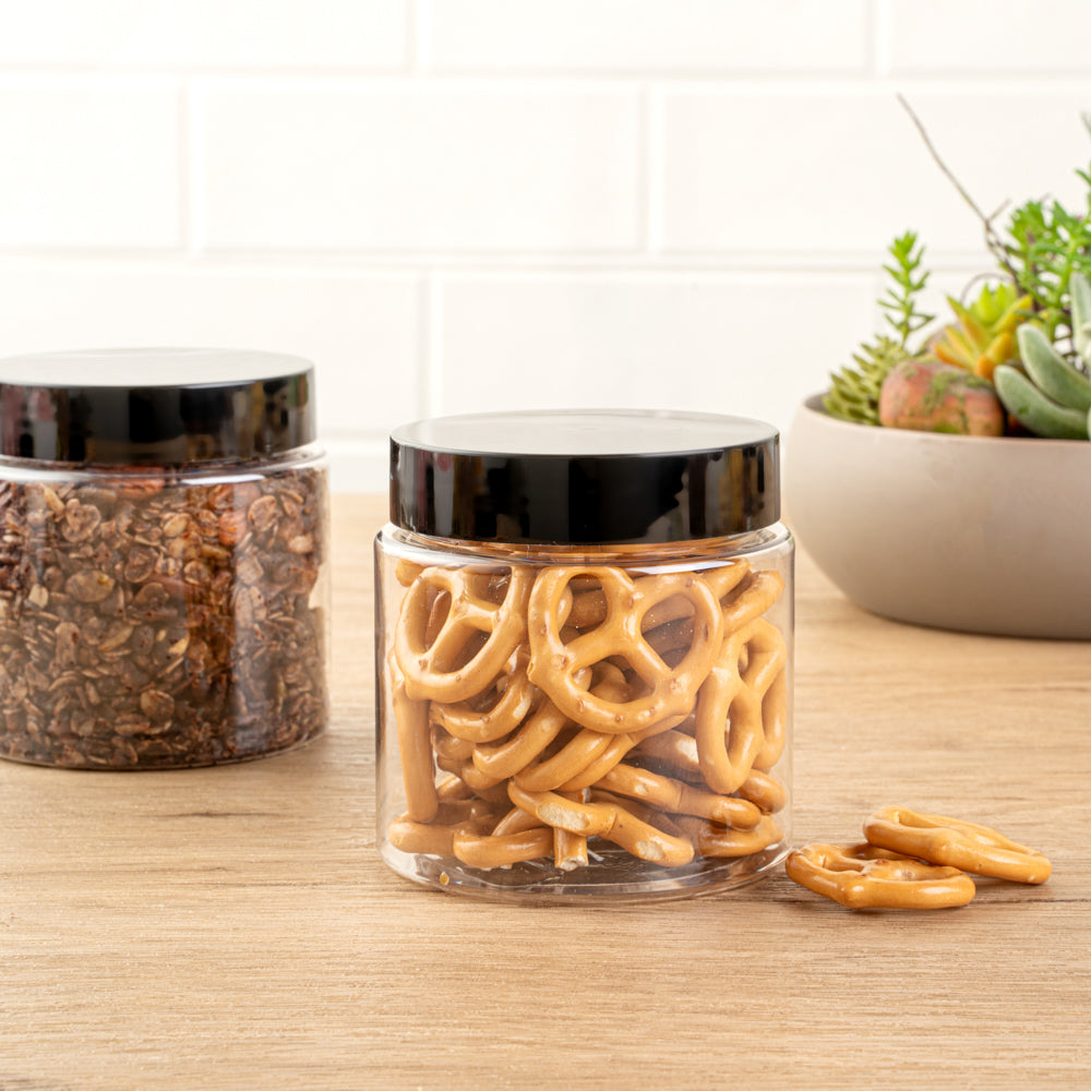Chef 101 8 oz Round Clear Plastic Candy and Snack Jar - with Black Plastic Lid - 3" x 3" x 3" - 10 count box