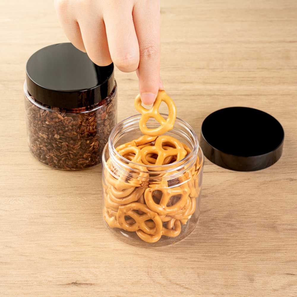 Chef 101 8 oz Round Clear Plastic Candy and Snack Jar - with Black Plastic Lid - 3" x 3" x 3" - 100 count box