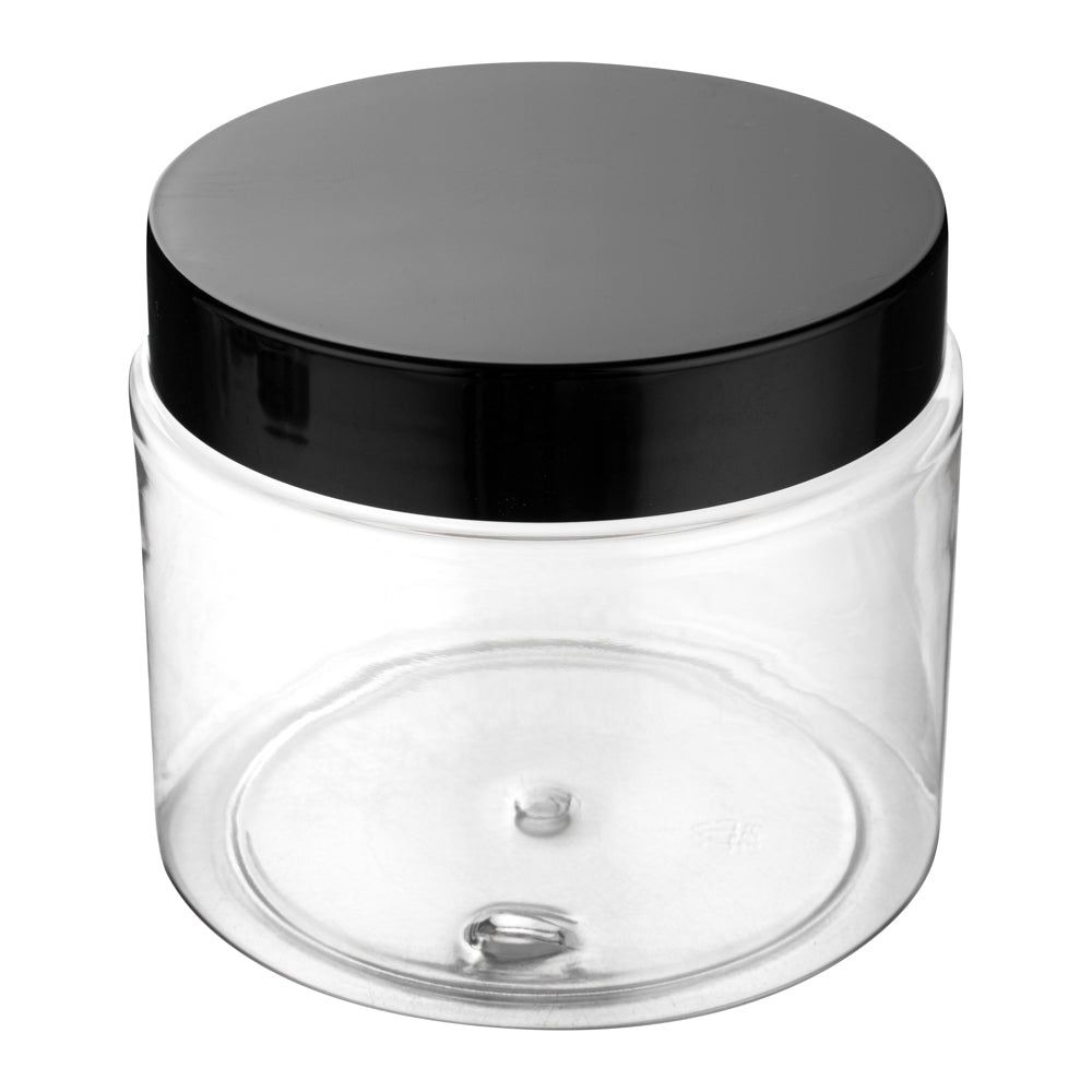 Chef 101 16 oz Round Clear Plastic Candy and Snack Jar - with Black Plastic Lid - 3 3/4" x 3 3/4" x 3" - 10 count box