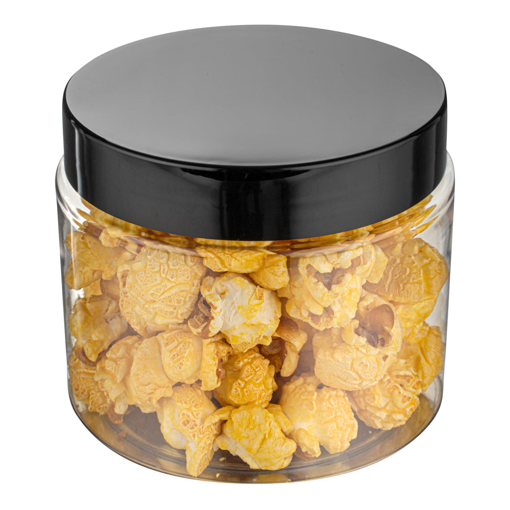 Chef 101 16 oz Round Clear Plastic Candy and Snack Jar - with Black Plastic Lid - 3 3/4" x 3 3/4" x 3" - 10 count box