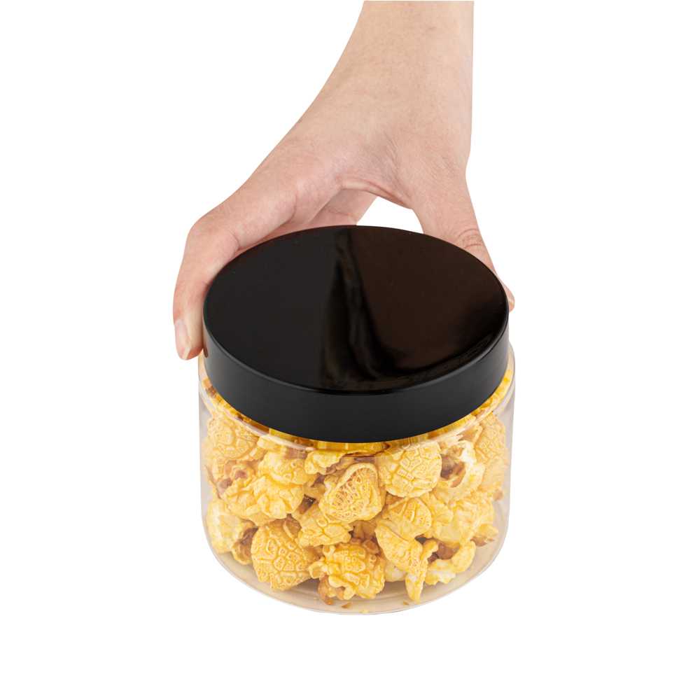 Chef 101 16 oz Round Clear Plastic Candy and Snack Jar - with Black Plastic Lid - 3 3/4" x 3 3/4" x 3" - 100 count box