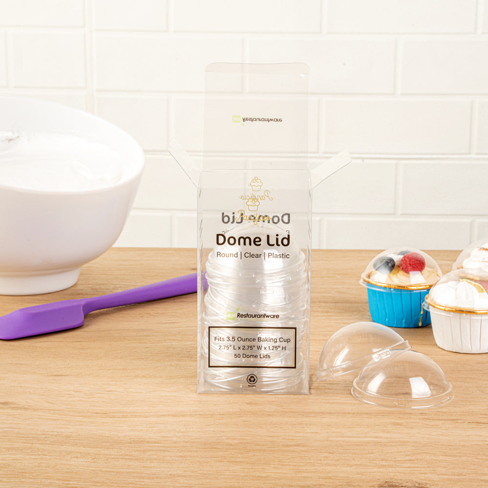 Panificio Round Clear Plastic Dome Lid - Fits 3.5 oz Foil Paper Baking Cup - 2 3/4" x 2 3/4" x 1 1/2" - 50 count box