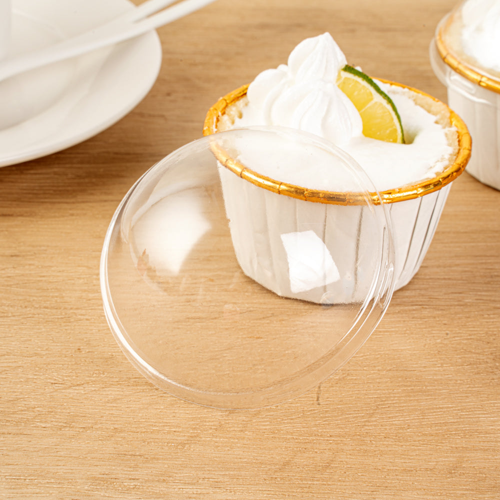 Panificio Round Clear Plastic Dome Lid - Fits 3.5 oz Foil Paper Baking Cup - 2 3/4" x 2 3/4" x 1 1/2" - 50 count box