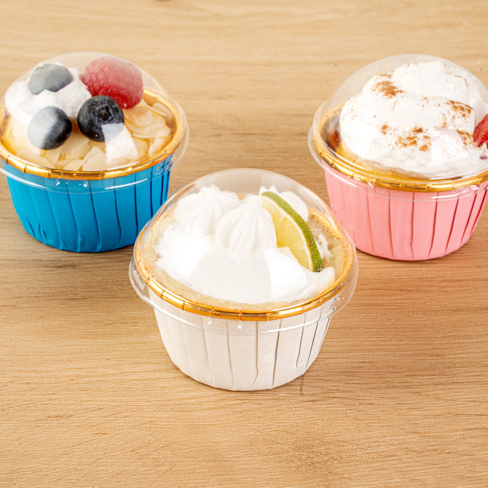Panificio Round Clear Plastic Dome Lid - Fits 3.5 oz Foil Paper Baking Cup - 2 3/4" x 2 3/4" x 1 1/2" - 50 count box