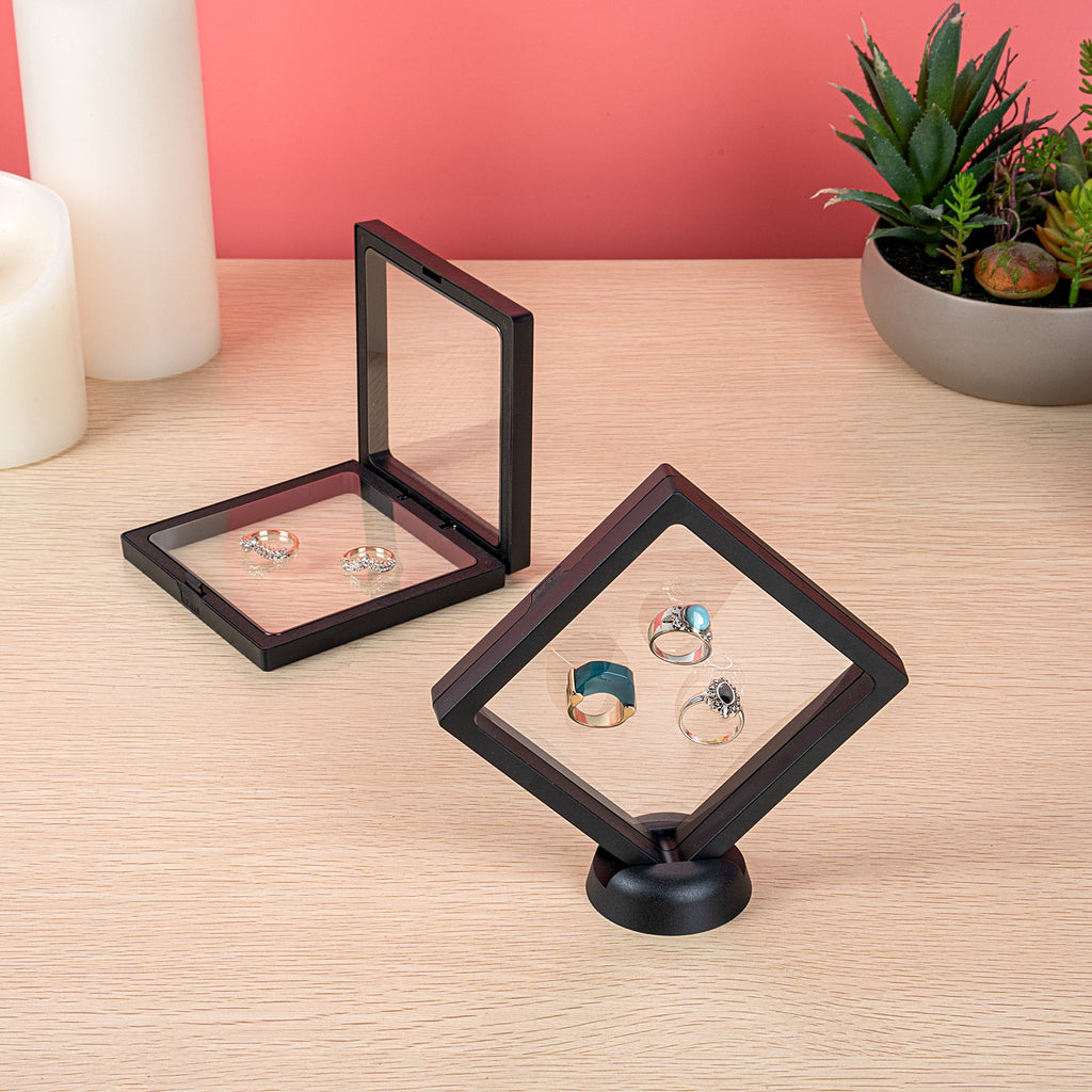 Display Tek Square Black Plastic 3D Floating Display Case - 4 1/4" x 4 1/4" x 3/4" - 10 count box